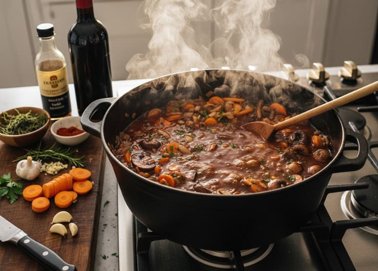 cooking Vegan Mushroom Bourguignonne