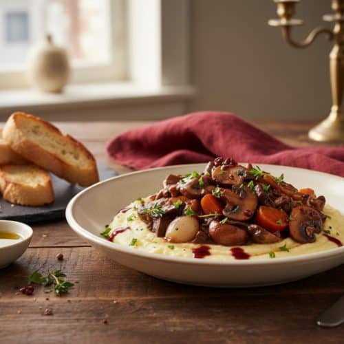 Vegan Mushroom Bourguignonne on a plate with wine and bread
